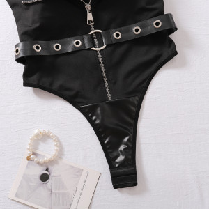 Body sexy en cuir PU et maille