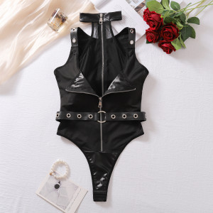 Body sexy en cuir PU et maille