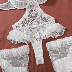Ensemble de lingerie sexy body en dentelle - Blanc