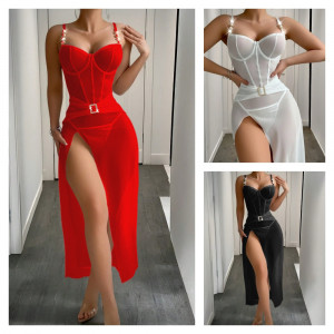 Robe lingerie longue transparente fendue