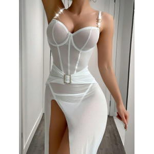 Robe lingerie longue transparente fendue