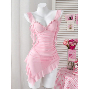 Robe lingerie asymétrique à broderie - Rose