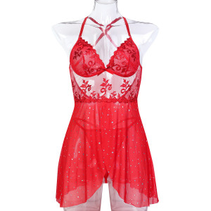 Robe lingerie transparente brodée à strass - Rouge