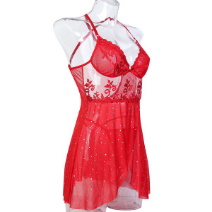 Robe lingerie transparente brodée à strass - Rouge