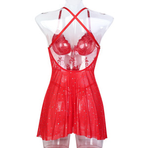 Robe lingerie transparente brodée à strass - Rouge