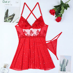 Robe lingerie transparente brodée à strass - Rouge