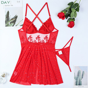 Robe lingerie transparente brodée à strass - Rouge