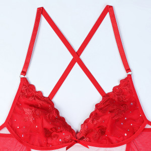 Robe lingerie transparente brodée à strass - Rouge