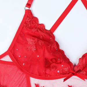 Robe lingerie transparente brodée à strass - Rouge