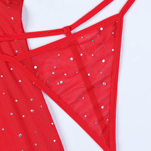 Robe lingerie transparente brodée à strass - Rouge