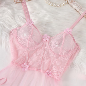 Robe lingerie transparente à volants - Rose