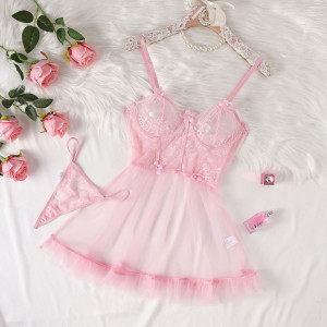 Robe lingerie transparente à volants - Rose