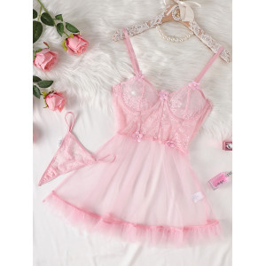 Robe lingerie transparente à volants - Rose