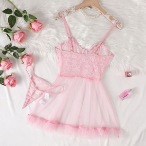 Robe lingerie transparente à volants - Rose
