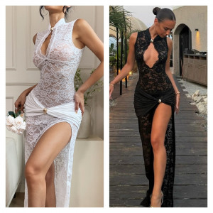 Robe longue en dentelle ajourée et découpée