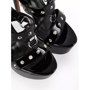 Sandales noires sexy à plateforme et lanières perlées
