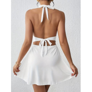 Robe Mini Élégante à Col en V Profond et Dos Nu pour Femme - Jupe Froncée A-Ligne Extensible, Blanc Uni, Lavable en Machine pour