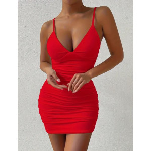 Robe Femme Sexy à Bretelles Col V -  Tenue de Soirée et Quotidienne - Robe Mini Bodycon Élégante Extensible