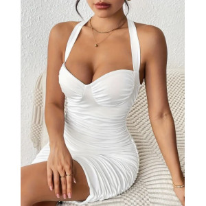 Robe moulante à col en V et plissée - Design dos nu sexy, idéale pour le printemps/été