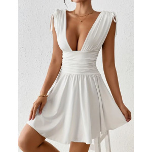 Robe blanche mini élégante sans manches  - Col en V profond avec détail froncé