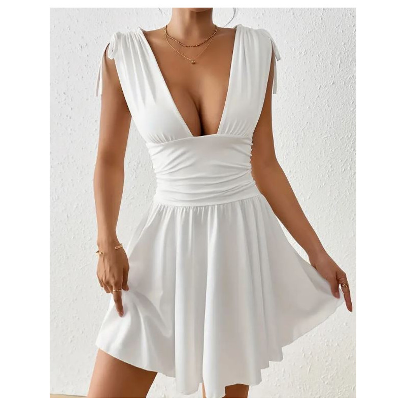 Robe blanche mini élégante sans manches - Col en V profond avec détail froncé Robe blanche mini élégante sans manches - Col en V profond avec détail froncé