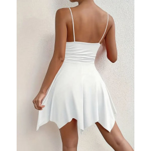 Robe Élégante à Col en V avec Bretelles - Robe d'Été Dos Nu et Haute Élasticité avec Ourlet Asymétrique