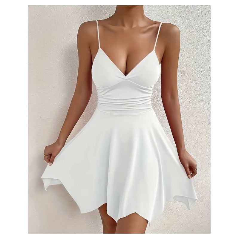 Robe Élégante à Col en V avec Bretelles - Robe d'Été Dos Nu et Haute Élasticité avec Ourlet Asymétrique Robe Élégante à Col en V avec Bretelles - Robe d'Été Dos Nu et Haute Élasticité avec Ourlet Asymétrique