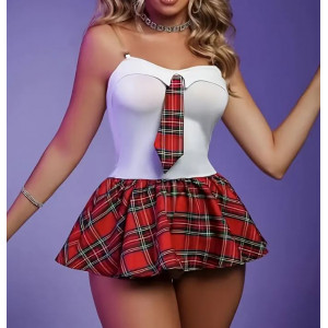 Robe écolière sexy avec bretelles invisibles - Jupe à carreaux rouge, haut blanc et cravate