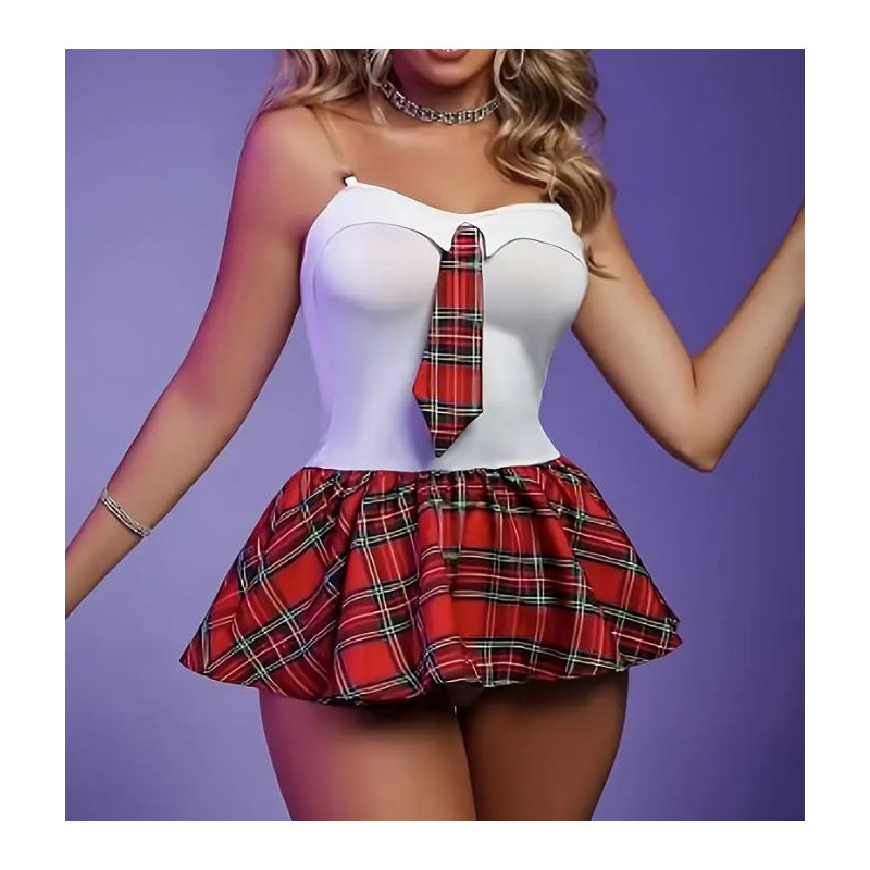 Robe écolière sexy avec bretelles invisibles - Jupe à carreaux rouge, haut blanc et cravate Robe écolière sexy avec bretelles invisibles - Jupe à carreaux rouge, haut blanc et cravate