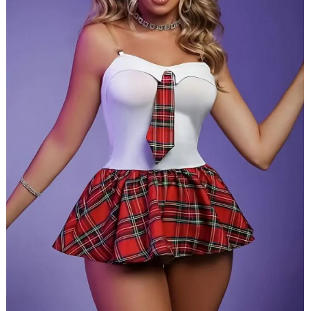 Robe écolière sexy avec bretelles invisibles - Jupe à carreaux rouge, haut blanc et cravate