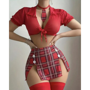 Uniforme d'écolière sexy pour femme avec mini-jupe à carreaux et string.
