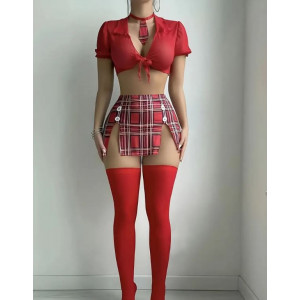 Uniforme d'écolière sexy pour femme avec mini-jupe à carreaux et string.
