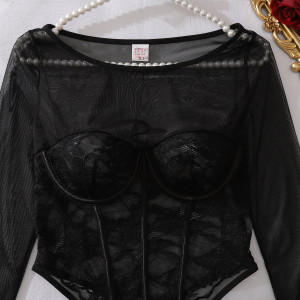 Body dentelle ajourée à découpes florales - Noir