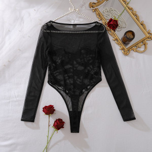 Body dentelle ajourée à découpes florales - Noir