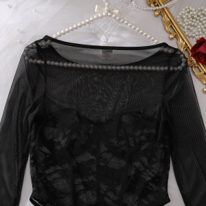 Body dentelle ajourée à découpes florales - Noir