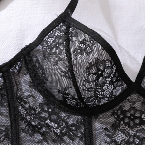 Ensemble lingerie dentelle florale transparente - Noir