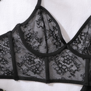Ensemble lingerie dentelle florale transparente - Noir