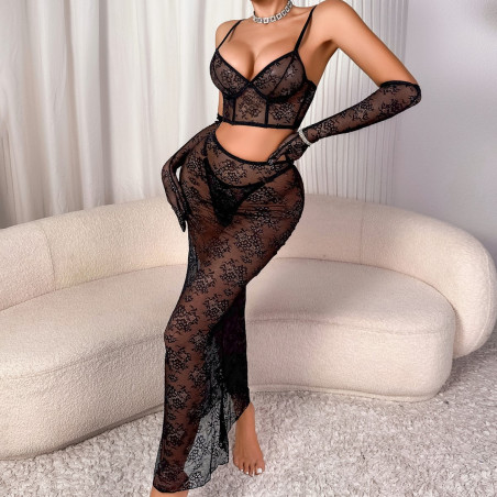 Ensemble lingerie dentelle florale transparente - Noir