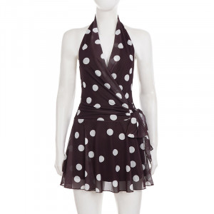 Robe à pois, décolleté plongeant en V, dos nu - Marron