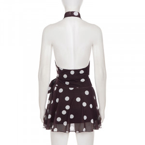 Robe à pois, décolleté plongeant en V, dos nu - Marron