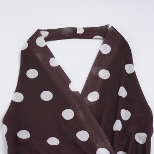 Robe à pois, décolleté plongeant en V, dos nu - Marron