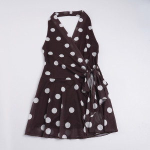 Robe à pois, décolleté plongeant en V, dos nu - Marron