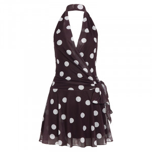 Robe à pois, décolleté plongeant en V, dos nu - Marron