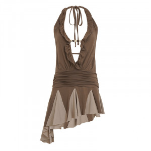 Robe à décolleté plongeant en V - Marron