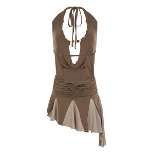 Robe à décolleté plongeant en V - Marron