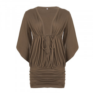 Robe fourreau à col en V plissée - Marron