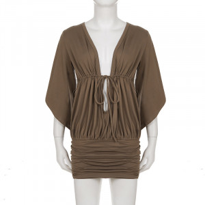 Robe fourreau à col en V plissée - Marron