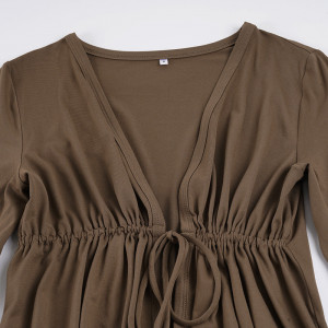 Robe fourreau à col en V plissée - Marron