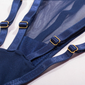 Ensemble lingerie sexy bleu marine – Soutien-gorge pigeonnant & culotte à détails dorés