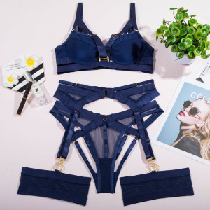 Ensemble lingerie sexy bleu marine – Soutien-gorge pigeonnant & culotte à détails dorés
